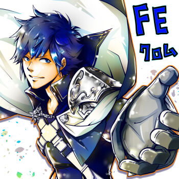 Rule 34 | 1boy, absurdres, armor, blue eyes, blue hair, cape, chrom (fire emblem), commentary, fire emblem, fire emblem awakening, grin, highres, looking at viewer, male focus, nintendo, pauldrons, reaching, reaching towards viewer, short hair, shoulder armor, single pauldron, smile, solo, white cape, yuya (euky8335)