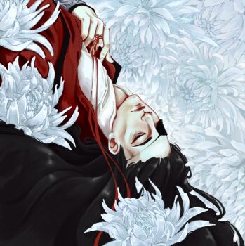 1boy alifreeart black_hair bracer cheekbones chinese_clothes collared_robe commentary english_commentary eyepatch flower frown hanfu high_contrast highres hua_cheng long_hair lying male_focus narrowed_eyes on_back on_flower pale_skin red_hanfu red_lips solo spider_lily string_around_finger tianguan_cifu very_long_hair white_flower yuanlingpao