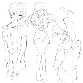 Rule 34 | 1girl, 2boys, alvis uniform, buttons, cropped jacket, dress, greyscale, highres, hino miwa, light smile, long hair, maris excelsior, michi naka, minashiro soushi (2), monochrome, multiple boys, own hands together, ponytail, shirt, short hair, simple background, sketch, soukyuu no fafner, white background