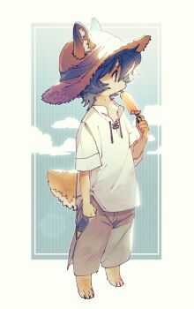 1boy animal_feet black_hair body_fur claws cloud commentary digitigrade dog_boy ears_through_headwear food fuji_166 full_body furry furry_male hand_up hat highres holding holding_food holding_popsicle licking looking_to_the_side male_focus original popsicle purple_eyes shirt short_hair solo standing sun_hat symbol-only_commentary tail white_shirt yellow_background yellow_fur