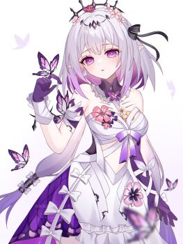 1girl bare_shoulders black_bow black_tiara bow breasts bug butterfly butterfly_earrings butterfly_on_hand castorice_(honkai:_star_rail) commentary_request cowboy_shot dress earrings elbow_gloves flower gloves hair_bow hair_flower hair_ornament hand_up highres honkai:_star_rail honkai_(series) insect jewelry kino_(curry_pan) long_hair looking_at_viewer medium_breasts parted_lips partial_commentary pink_flower pointy_ears purple_butterfly purple_eyes purple_gloves purple_hair revision simple_background single_elbow_glove solo tiara very_long_hair white_background white_dress
