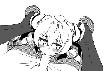 1boy 1girl apron black_dress blush corin_wickes dress fellatio grabbing_another&#039;s_twintails green_hair greyscale hair_between_eyes hball4944 hetero highres long_hair looking_at_viewer maid maid_headdress monochrome oral penis puffy_short_sleeves puffy_sleeves purple_eyes screw_hair_ornament short_sleeves twintails uncensored zenless_zone_zero