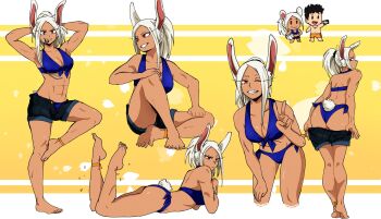 1boy 1girl abs animal_ears artist_self-insert ass bikini black_male_swimwear black_swim_trunks blue_bikini boku_no_hero_academia chibi chibi_inset dark-skinned_female dark_skin dashi_(dashiart) denim denim_shorts full_body highres long_hair male_swimwear mirko muscular open_fly orange_male_swimwear orange_swim_trunks ponytail rabbit_ears rabbit_girl rabbit_tail red_eyes selfie shorts smile stretching swim_trunks swimsuit tail thighs toned unbuttoned undressing v white_hair