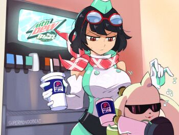 1girl bare_shoulders black_hair breasts brown_eyes cowboy_shot cup digimon digimon_(creature) digimon_story:_time_stranger dress elbow_gloves gloves goggles goggles_on_head green_dress green_hat hat highres holding holding_cup horns large_breasts meme mountain_dew operation_soda_steal_(meme) red_scarf scarf short_hair single_horn soda_fountain sunglasses supermondobeat taco_bell terriermon two-tone_dress white_dress white_gloves yuuki_kanan