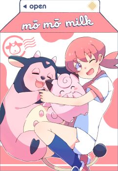 1girl ;d clefairy commentary_request eyelashes from_side gen_1_pokemon gen_2_pokemon head_tilt long_hair miltank nintendo one_eye_closed open_mouth pink_eyes pink_hair pokemon pokemon_(creature) pokemon_gsc shiro1030 shirt shoes short_sleeves shorts side_slit side_slit_shorts smile socks tongue twintails white_shirt white_shorts whitney_(pokemon)