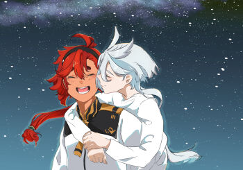 2girls absurdres arms_around_neck asticassia_school_uniform black_hairband blush closed_eyes commentary_request gundam gundam_suisei_no_majo hairband highres hug hug_from_behind jacket kusakayosituki1 long_hair miorine_rembran multiple_girls open_mouth outdoors red_hair school_uniform shirt smile snowing suletta_mercury thick_eyebrows white_hair white_jacket white_shirt yuri