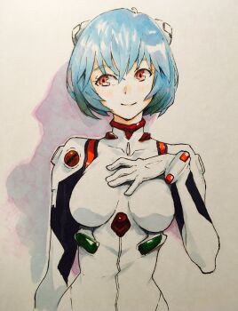 1girl ayanami_rei blue_hair bodysuit breasts collarbone commentary_request french_commentary highres interface_headset_(evangelion) looking_at_viewer mecha_pilot_suit neon_genesis_evangelion painting_(medium) petitcarreau plugsuit_(evangelion) red_eyes shadow short_hair simple_background solo traditional_media watercolor_(medium) white_background white_bodysuit