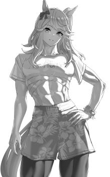 1girl abs absurdres animal_ears commentary contrapposto cowboy_shot floral_print_shorts gold_city_(umamusume) greyscale hand_on_own_hip highres horse_ears horse_girl horse_tail looking_at_viewer midriff monochrome muscular muscular_female senchan_7 simple_background smile solo tail umamusume white_background