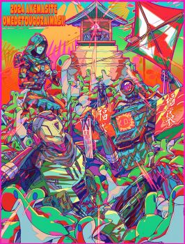 1girl 2boys android animification apex_legends ash_(titanfall_2) bag blue_leotard holding holding_bag hood hood_up hooded_leotard humanoid_robot kite leotard loot_tick mizu_cx multiple_boys nessie_(respawn) orange_eyes pathfinder_(apex_legends) red_eyes revenant_(apex_legends) robot romaji_text screen shrine solid_eyes