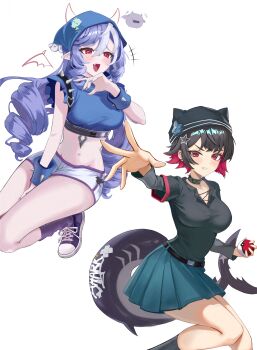2girls absurdres aqua_skirt belt black_belt black_hair black_hat black_shirt black_socks blue_hat blue_shirt breasts clenched_teeth colored_inner_hair commentary crop_top ellen_joe fang fins fish_tail hair_ornament hat highres holding holding_poke_ball jyn_jyn large_breasts layered_sleeves long_hair long_sleeves midriff multicolored_hair multiple_girls navel nintendo open_mouth outstretched_arm pleated_skirt poke_ball poke_ball_(basic) pokemon purple_hair purple_shoes purple_socks red_eyes red_hair shark_girl shark_tail shirt shoes short_hair short_over_long_sleeves short_sleeves shorts simple_background skirt smile socks spiked_wristband star_(symbol) star_hair_ornament symbol-only_commentary tail teeth vivian_banshee white_background white_shorts zenless_zone_zero