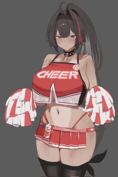 Rule 34 | 1girl, ahoge, badge, bare shoulders, bay (nikke), black hair, black hairband, black thighhighs, blush, breasts, button badge, cheerleader, clothes writing, collar, corrupted twitter file, crop top, dark-skinned female, dark skin, goddess of victory: nikke, grey eyes, grey hair, hair between eyes, hair intakes, hairband, highleg, highleg panties, highres, holding, holding pom poms, hth5k, large breasts, lock, long hair, looking at viewer, mole, mole under mouth, multicolored hair, navel, padlock, padlocked collar, panties, panty straps, pleated skirt, pom pom (cheerleading), pom poms, ponytail, red panties, red streaks, sideboob, single hair streak, skirt, solo, spiked collar, spikes, stomach, tan, tanline, thick thighs, thighhighs, thighs, two-tone skirt, two-tone tank top, underwear, very long hair