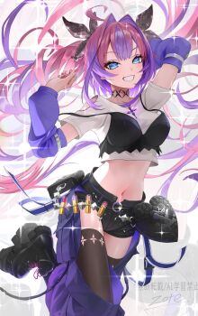 1girl ahoge black_bow black_bra black_chaps black_shorts black_thighhighs blue_eyes bow bra bra_over_clothes closed_mouth commentary_request cropped_shirt hair_bow highres hololive hololive_dev_is kikirara_vivi kikirara_vivi_(1st_costume) long_hair looking_at_viewer multicolored_hair nail_polish pink_hair pink_nails purple_streaks shirt shorts smile solo streaked_hair thighhighs twintails underwear very_long_hair virtual_youtuber white_shirt zote_illust
