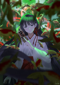 1girl arm_at_side artist_name black_hair blurry blurry_foreground choppy_bangs closed_mouth commentary_request cowboy_shot depth_of_field fish flying_fish foliage hakama hakama_skirt hand_up highres holding holding_ofuda inika japanese_clothes kosode long_hair long_sleeves looking_at_viewer miko ofuda original red_skirt school_of_fish serious skirt solo standing straight_hair very_long_hair wide_sleeves