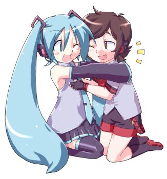 androgynous bare_shoulders black_sleeves blue_eyes blue_hair blush blush_stickers borrowed_character commission detached_sleeves drawpile_(medium) grey_shirt hair_between_eyes hatsune_miku headphones headset hug long_hair necktie negiwave2000 one_eye_closed open_mouth original shirt simple_background skirt sleeveless sleeveless_shirt smile twintails very_long_hair vocaloid