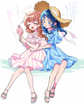 Rule 34 | 2girls, alternate hairstyle, arms around waist, blue bow, blue bowtie, blue capelet, blue dress, blue eyes, blue hair, bow, bowtie, braid, brown hat, capelet, casual, closed eyes, commentary, cut bangs, dress, electric fan, hair over shoulder, hand fan, hat, highres, hirogaru sky! precure, holding, holding fan, hug, hug from behind, izumi kirifu, long hair, looking at another, matching hairstyle, matching outfits, medium dress, medium hair, multiple girls, nijigaoka mashiro, notice lines, open mouth, pink bow, pink bowtie, pink capelet, pink dress, pink hair, precure, sandals, side-by-side, sitting, smile, sora harewataru, straw hat, striped clothes, striped dress, sun hat, translated, twin braids, untranslatable commentary, vertical-striped capelet, vertical-striped clothes, vertical-striped dress, white background, white sandals, wind