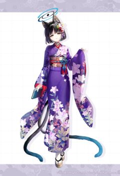 1girl animal_ears black_hair blue_archive book cat_ears cat_tail floral_print floral_print_kimono full_body halo hand_up holding holding_book japanese_clothes kikyou_(blue_archive) kimono long_sleeves looking_at_viewer multiple_tails official_art okobo parted_lips platform_sandals print_kimono purple_kimono riichu sandals short_hair simple_background socks solo standing tabi tail two_tails white_socks wide_sleeves