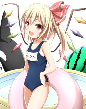 1girl alternate_costume bare_shoulders blonde_hair collarbone crystal fang female_focus flandre_scarlet flat_chest food fruit hair_between_eyes hair_ornament hand_on_own_hip highres holding holding_swim_ring inflatable_orca inflatable_pool inflatable_toy innertube kuroganeruto light_blush loli looking_at_viewer name_tag one-piece_swimsuit open_mouth orca red_eyes ribbon school_swimsuit school_uniform short_hair side_ponytail simple_background smile solo standing swim_ring swimsuit teeth thighs touhou watermelon white_background wings