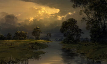 absurdres cloud cloudy_sky commentary english_commentary fence field gradient_sky grass grey_sky highres landscape no_humans original outdoors painterly painting_(medium) philipp_urlich reflection reflective_liquid river scenery sky sunlight traditional_media tree water wooden_fence yellow_sky