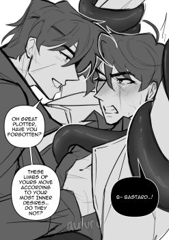 2boys absurdres areuwuu black_hair clenched_teeth coat collared_shirt eyepatch greyscale highres male_focus monochrome multiple_boys multiple_scars omniscient_reader&#039;s_viewpoint one_eye_closed open_clothes open_coat scar scar_across_eye scar_on_face scar_on_hand secretive_plotter selfcest shirt short_hair teeth tentacles upper_body yaoi yoo_joonghyuk yoo_joonghyuk_(999th_turn)