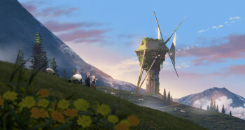 2girls blue_sky blurry blurry_foreground cloud commentary_request dress fern_(sousou_no_frieren) field flock flower frieren grey_hair highres hill long_hair multiple_girls outdoors pine_tree pointing purple_hair sansanchin3 scenery sheep simple_bird sky sousou_no_frieren standing tree wide_shot windmill yellow_flower