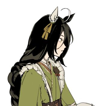 Rule 34 | 1girl, ahoge, animal ears, black hair, bow, braid, braided ponytail, coffeeseal, commentary, ear covers, ear ribbon, expressionless, flat chest, green kimono, green ribbon, hair between eyes, highres, horse ears, horse girl, japanese clothes, kimono, long hair, long hair between eyes, low-braided long hair, low-tied long hair, manhattan cafe (umamusume), manhattan cafe (verdant night) (umamusume), multicolored hair, parted lips, ribbon, simple background, single ear cover, solo, umamusume, untranslatable commentary, very long hair, white background, white hair, yellow eyes