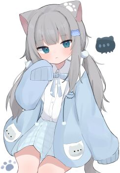 1girl :< absurdres animal_ears aqua_eyes blue_jacket blue_ribbon blue_skirt cat_ears cat_girl cat_hair_ornament cat_tail closed_mouth grey_hair hair_ornament highres indie_virtual_youtuber jacket light_blush looking_at_viewer nachoneko neck_ribbon nekosakaaa open_clothes open_jacket paw_pose plaid_clothes plaid_skirt pom_pom_(clothes) pom_pom_hair_ornament ribbon shirt sidelocks simple_background sitting skirt sleeves_past_fingers sleeves_past_wrists slit_pupils solo tail twintails virtual_youtuber white_background white_shirt