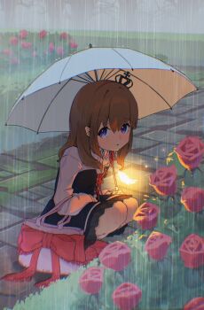 Rule 34 | 1girl, absurdres, black dress, brown hair, crown, dress, flower, glowing, golden butterfly, highres, holding, holding umbrella, level3, long sleeves, looking at viewer, medium hair, mini crown, outdoors, purple eyes, rain, red flower, red rose, rose, rose bush, solo, squatting, umbrella, umineko no naku koro ni, ushiromiya maria