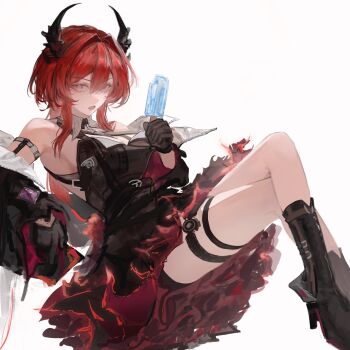 Rule 34 | 1girl, arknights, arknights: endfield, bare shoulders, black boots, black dress, black gloves, black horns, boots, breasts, commentary, demon horns, dress, food, full body, gloves, hair between eyes, hair intakes, high heel boots, high heels, highres, holding, holding food, holding popsicle, horns, kotowaza, laevatein (arknights), long hair, looking at viewer, open mouth, popsicle, purple eyes, red hair, simple background, solo, surtr (arknights), white background