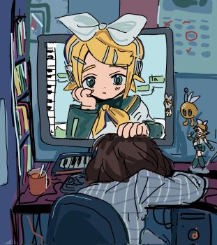 1girl 1other blonde_hair bob_cut bow calendar_(object) commentary computer hair_bow highres kagamine_rin kamuta0 master_(vocaloid) midi_keyboard monitor pleated_shirt sleeping symbol-only_commentary vocaloid white_bow