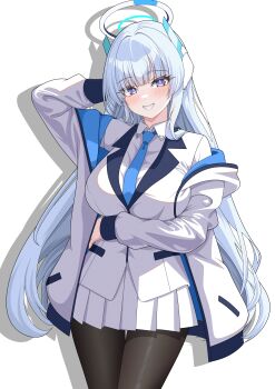 1girl absurdres black_pantyhose blue_archive blue_necktie blush breasts commentary english_commentary halo hazaky highres jacket large_breasts long_hair looking_at_viewer mechanical_halo necktie noa_(blue_archive) pantyhose pleated_skirt purple_eyes shirt skirt smile solo white_hair white_jacket white_shirt white_skirt