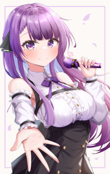 Rule 34 | 1girl, absurdres, bare shoulders, black skirt, bow, breasts, collared shirt, detached sleeves, frilled sleeves, frills, high-waist skirt, highres, holding, holding microphone, indie virtual youtuber, inuyama tsuki 215, long hair, looking at viewer, medium breasts, microphone, otsuka ray, purple bow, purple eyes, purple hair, shirt, skirt, sleeveless, sleeveless shirt, solo, upper body, virtual youtuber, white shirt, white sleeves