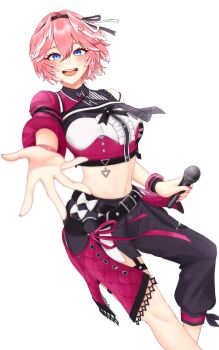 1girl absurdres alternate_costume black_pants blue_eyes blush commentary cowboy_shot cropped_shirt double-parted_bangs hair_between_eyes head_wings highres holding holding_microphone hololive looking_at_viewer microphone navel open_mouth pants pink_hair pink_shirt ringo_21_a shirt short_hair simple_background smile solo stomach symbol-only_commentary takane_lui virtual_youtuber white_background wings