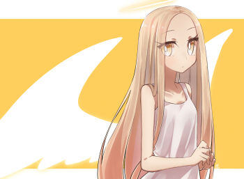 1girl angel_notes angel_wings bare_shoulders blonde_hair breasts dress forehead halo long_hair looking_at_viewer parted_bangs small_breasts solo v/v white_dress wings yellow_eyes yubeshi_(zecxl)