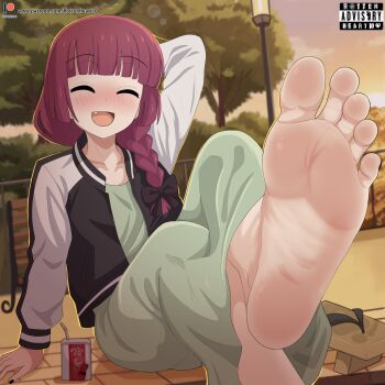 1girl absurdres arm_up artist_logo artist_name barefoot black_jacket black_nails blunt_bangs blurry blurry_background blush bocchi_the_rock! braid braided_ponytail breasts closed_eyes collarbone commentary dress english_commentary fang feet foot_focus foot_out_of_frame foreshortening geta green_dress hair_over_shoulder highres hiroi_kikuri jacket logo long_dress long_hair long_sleeves nail_polish open_clothes open_jacket open_mouth outdoors paid_reward_available presenting_own_foot purple_hair rottenheart10 sandals sitting small_breasts smile soles sunset sweat_stain toenail_polish toenails toes unworn_sandals watermark web_address white_jacket