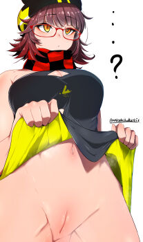 ...? 1girl absurdres ankodaihuku arknights black_dress black_scarf breasts checkered_clothes checkered_scarf cleavage_cutout clothing_cutout commentary_request deepcolor_(arknights) dress glasses gradient_hair highres large_breasts lifting_own_clothes multicolored_hair navel orange_eyes pussy red-framed_eyewear red_scarf scarf simple_background twitter_username two-sided_dress two-sided_fabric two-tone_scarf uncensored white_background