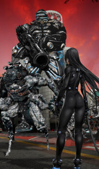 1girl ass black_hair bodysuit breasts building city facing_away feet_out_of_frame from_behind gantz gantz_suit gantz_sword giant gun highres holding holding_gun holding_sword holding_weapon large_breasts latex latex_bodysuit long_hair monster official_art oku_hiroya red_sky rifle road shimohira_reika sidelocks sky standing sword weapon