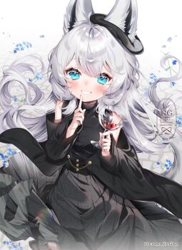 1girl animal_ears bare_shoulders black_shirt black_skirt blue_eyes chi_no clothing_cutout commentary_request commission cup drinking_glass fox_ears grey_hair holding holding_cup index_finger_raised long_hair long_skirt long_sleeves looking_at_viewer original shirt shoulder_cutout skeb_commission skirt smile solo very_long_hair