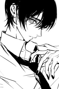 1boy closed_mouth collared_shirt earrings fingernails from_side greyscale hand_up highres jewelry looking_at_viewer male_focus monochrome necktie original parted_bangs shirt short_hair simple_background solo stud_earrings teeniika upper_body white_background