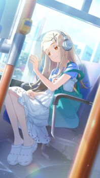 1girl bag blonde_hair blue_shirt building chair crocs dress gakuen_idolmaster game_cg hair_ornament hairclip handbag headphones highres idolmaster official_art orange_eyes shinosawa_hiro shirt sitting solo white_dress