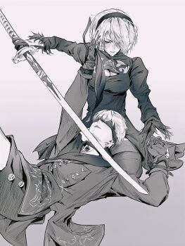 1boy 1girl 2b_(nier:automata) 9s_(nier:automata) :o absurdres blush boots breasts choker cleavage cushion feather-trimmed_sleeves gloves greyscale hairband highres holding holding_another&#039;s_wrist holding_blindfold holding_sword holding_weapon honseie jacket juliet_sleeves katana long_sleeves lying monochrome nier:automata nier_(series) on_back print_jacket puffy_sleeves short_hair shorts simple_background smile sword thigh_boots unworn_blindfold virtuous_contract weapon zabuton