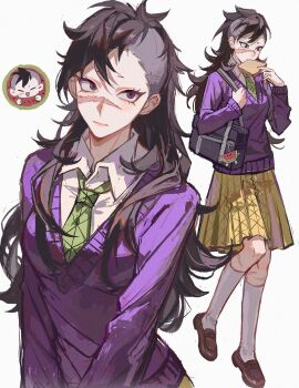 1girl absurdres alternate_costume bag black_hair bread bread_slice breasts brown_shoes charm_(object) closed_mouth commentary_request food genderswap genderswap_(mtf) green_necktie highres jing_qiu123 kimetsu_no_yaiba kneehighs long_hair long_sleeves mary_janes medium_skirt mohawk multiple_views necktie purple_eyes purple_sweater scar scar_on_face scar_on_nose school_bag shinazugawa_genya shirt shoes simple_background skirt small_breasts socks standing sweater upturned_eyes white_background white_shirt white_socks yellow_skirt