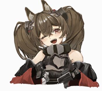 Rule 34 | 1girl, angelina (arknights), animal ears, arknights, arknights: endfield, bare shoulders, black dress, black gloves, blush, brown hair, capucino art, coat, commentary, cropped torso, crossed bangs, diamond-shaped pupils, diamond (shape), dress, extra ears, fang, fox ears, gilberta (arknights), gloves, hashtag-only commentary, heart, heart hands, highres, jacket, long hair, looking at viewer, off shoulder, official alternate costume, one eye closed, open mouth, red coat, red eyes, red jacket, simple background, smile, solo, symbol-shaped pupils, teeth, twintails, upper body, upper teeth only, white background