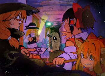 Rule 34 | 1other, 5girls, absurdres, attic, black cloak, black hair, black hat, black vest, blonde hair, blue bow, blue hair, blue shirt, blue skirt, blunt bangs, bow, bowtie, brown eyes, brown hair, brown horns, buttons, card, cirno, cloak, detached sleeves, flashlight, fluorescent lamp, gohei, gold buttons, green light, hair bow, hair tubes, hakurei reimu, hallway, hat, hatching (texture), highres, holding, holding card, holding flashlight, holding gohei, hollow eyes, horns, ibuki suika, ice, ice wings, inuyama konan, kirisame marisa, low ponytail, medium hair, monster, multiple girls, oni, orange hair, pentagram, pointy ears, ponytail, red bow, red bowtie, red shirt, sandals, sharp teeth, shirt, skirt, slit pupils, spiked hair, sweat, teeth, thick eyebrows, touhou, usami sumireko, vest, white shirt, wings, witch hat, yellow light