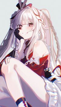 1girl blush bow braid choker clothing_cutout commentary_request diamond_(shape) diamond_facial_mark diamond_on_cheek dress facial_mark gloves godone_(5do_zzzzz) hat hat_ornament heart heart_facial_mark heart_on_cheek highres honkai:_star_rail honkai_(series) long_hair mark_under_both_eyes multicolored_hair pink_eyes rabbit_hat_ornament red_streaks shoulder_cutout side_braid simple_background single_glove smile solo sparkle_(honkai:_star_rail) sparxie_(honkai:_star_rail) streaked_hair thighs twintails white_hair