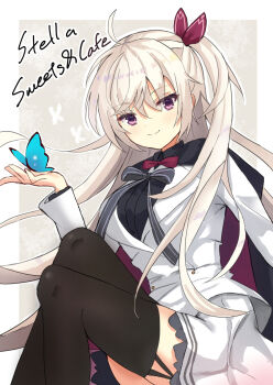 1girl ahoge akizuki_kanna black_cape black_shirt black_thighhighs blue_butterfly border bow bowtie bug butterfly butterfly_on_hand cafe_stella_to_shinigami_no_chou cape closed_mouth collared_shirt commentary english_text eyes_visible_through_hair feet_out_of_frame floating_hair grey_background hair_between_eyes hair_ribbon hand_up highres insect jacket knees_up long_hair long_sleeves looking_at_viewer nowa2109 one_side_up outline outside_border purple_eyes red_bow red_bowtie red_ribbon ribbon shirt simple_background sitting smile solo split_mouth thighhighs very_long_hair white_border white_hair white_jacket white_outline zettai_ryouiki