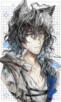 Rule 34 | 1boy, ahoge, animal ear fluff, animal ears, arknights, black hair, blue hair, closed mouth, facial hair, fox boy, fox ears, grey eyes, grid background, highres, honi (ohohoni), long hair, male focus, mole, mole on chest, mole under eye, multicolored hair, nowell (arknights), side ponytail, solo, wavy hair