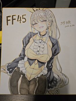 1girl animal_ears black_pantyhose blonde_hair bow bowtie breasts commentary_request cowboy_shot crescent crescent_earrings dated earrings fake_animal_ears hair_ornament half-closed_eyes highres jewelry juliet_sleeves large_breasts long_hair long_sleeves marker_(medium) naughty_face nontraditional_playboy_bunny open_mouth orange_eyes original pantyhose photo_(medium) ponytail puffy_sleeves rabbit_ears rabbit_hair_ornament signature sleeves_past_wrists smile solo traditional_media very_long_hair yellow_bow yellow_bowtie zhen_lu