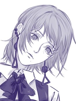 1girl aegyo_sal chainsaw_man collared_dress dress earrings expressionless fami_(chainsaw_man) fourth_east_high_school_uniform head_tilt highres jewelry jiuwen_siming looking_down mole mole_under_each_eye mole_under_eye mole_under_mouth monochrome multiple_moles neckerchief ringed_eyes school_uniform short_hair simple_background solo upper_body