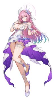 1girl absurdres adapted_costume armlet bare_shoulders breasts commentary commentary_request covered_navel cyrene_(honkai:_star_rail) cyrene_(ripples_of_past_reverie)_(honkai:_star_rail) dress english_commentary fingernails flower full_body gradient_hair hair_flower hair_intakes hair_ornament hand_up highres honkai:_star_rail honkai_(series) jewelry kiriko_(araragikoyomi) large_breasts long_hair looking_at_viewer mixed-language_commentary multicolored_hair nail_polish parted_lips partial_commentary pink_eyes pink_hair pink_nails pointy_ears purple_flower purple_shoes shoes sidelocks simple_background smile solo thighs veil white_background white_dress white_veil