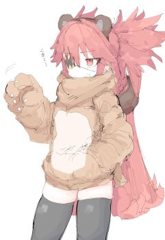 Rule 34 | 1girl, absurdres, alternate costume, animal ear hairband, animal ears, bear ear hairband, bear ears, black thighhighs, commentary request, cowboy shot, eyepatch, fake animal ears, hair between eyes, hair ornament, hairband, hand in pocket, hand up, highres, koleda belobog, long hair, mocamocaink, motion lines, red eyes, red hair, simple background, solo, sphere hair ornament, sweatdrop, thighhighs, white background, zenless zone zero